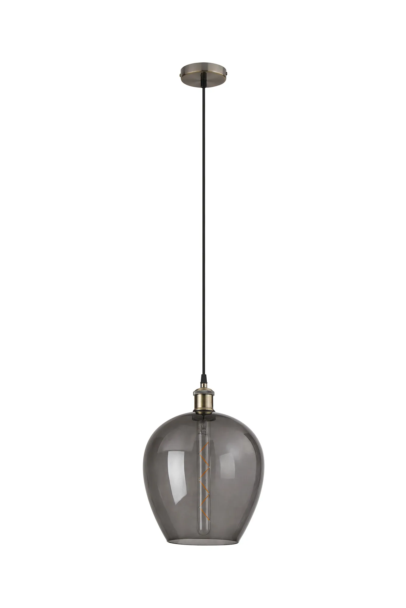 Cawdor Single Pendant, 1 Light E27, Antique Brass/Black/Smoke Wine Glass DK1107  Deco Cawdor